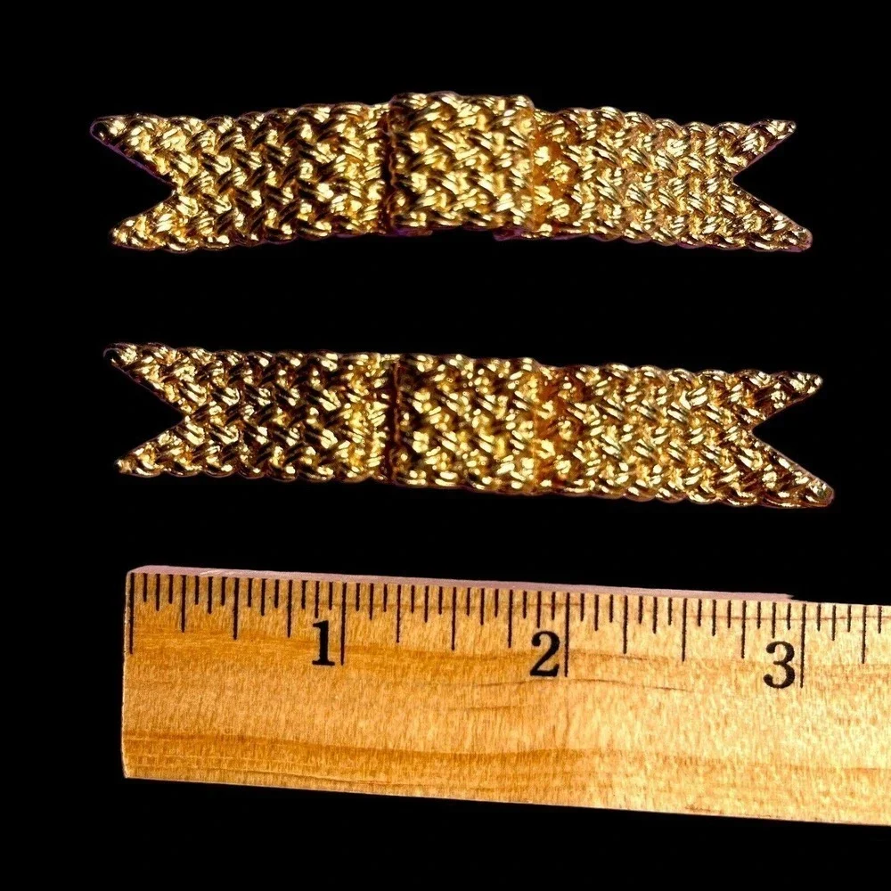VTG Barrette Pair Gold-Tone Metal Woven Texture Bow Hair Jewelry Accessories 3”